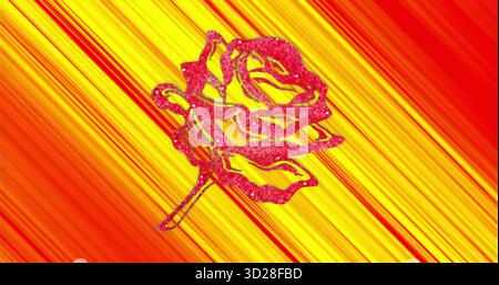 Featuring stylized red glitter rose at center of digital artwork, blending yellow and red streaks Stock Photo