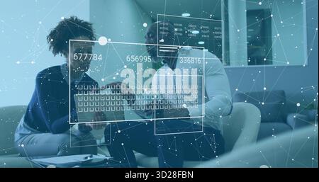 Collaborating professionals analyzing data overlays in office lounge, with laptop, tablet?? Stock Photo