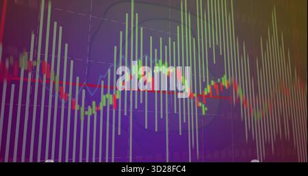 Displaying multicolored financial bar chart on screen, featuring candlestick bars and trend lines Stock Photo