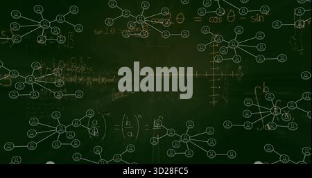 Displaying chalkboard showing mathematical equations and network node diagrams on green board Stock Photo