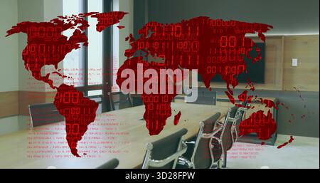 Displaying red world map overlay with binary code across conference table and windows in boardroom Stock Photo