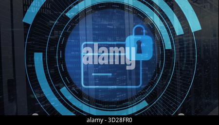 Displaying folder icon securing data on server racks, with padlock symbol, arcs and binary overlay Stock Photo
