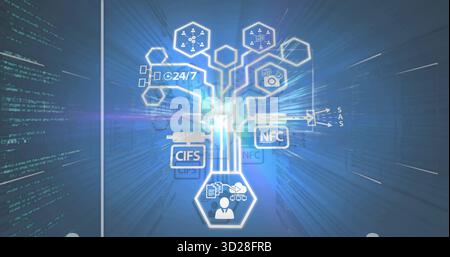 Displaying data tree in server room, with CIFS or NFC or 24 or 7 icons, profile icon, code, rack out Stock Photo