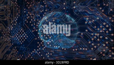 Projecting holographic brain displaying circuit traces and glowing data points in virtual space Stock Photo