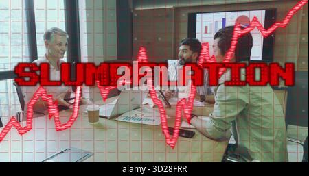 Analyzing data colleagues discussing SLUMPFLATION on display in office, laptops and coffee on table Stock Photo