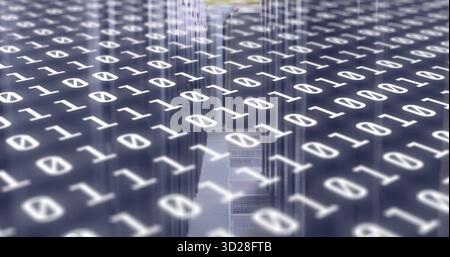 Glowing central aisle showcasing blinking server racks in data center, with binary code overlay Stock Photo