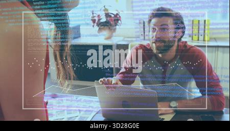Debugging code woman in red blouse, raglan-shirted man at office desk with laptop, code sheets Stock Photo