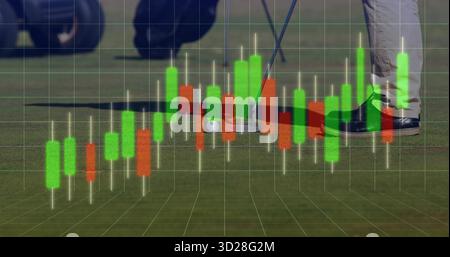 Golfer in golf pants using putter and putting golf ball on green, with candlestick chart overlay Stock Photo
