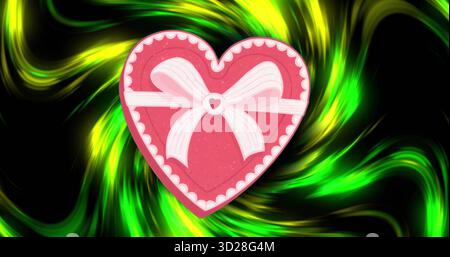 Floating heart-shaped gift box hovering in abstract backdrop, with neon green and yellow streaks Stock Photo