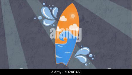 Displaying graphic surfboard featuring orange sun and wave design on gray backdrop, splash shapes Stock Photo