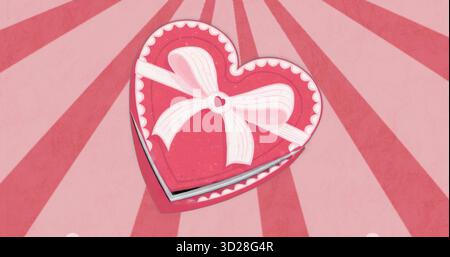 Displaying red heart-shaped gift box tied with white ribbon on pink radial backdrop, romance theme Stock Photo