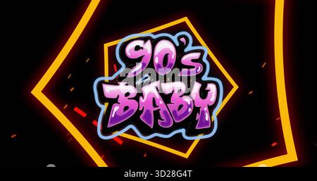 Displaying graffiti text 90's BABY glowing on black background, with neon polygons and confetti Stock Photo