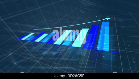 Displaying seven 3D bars rising above digital grid with numeric axis markings, with upward arrow Stock Photo
