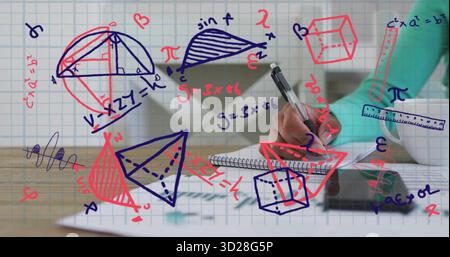 Writing mid adult woman visualizing geometric shapes in spiral notebook at desk, with tablet device Stock Photo