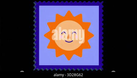 Displaying cartoon sun smiling in light purple square with dark purple scalloped border on black Stock Photo