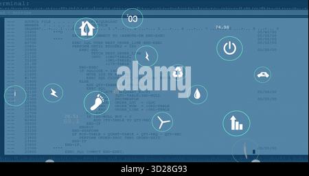 Showing floating icons representing energy sustainability on computer terminal, with scrolling code Stock Photo