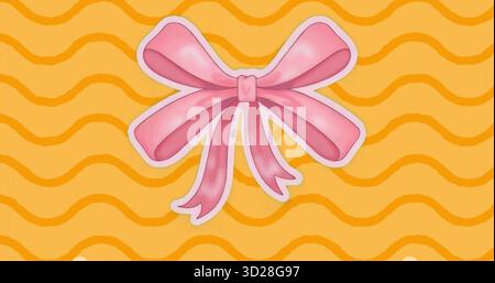Presenting stylized pink ribbon bow on yellow-orange backdrop, with repeating wavy stripe pattern Stock Photo