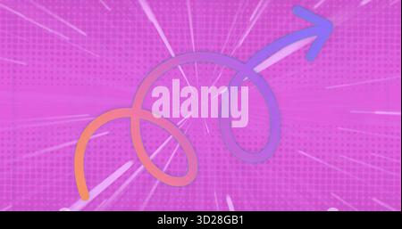 Displaying two intertwined gradient arrows on magenta halftone backdrop, with white radial streaks Stock Photo