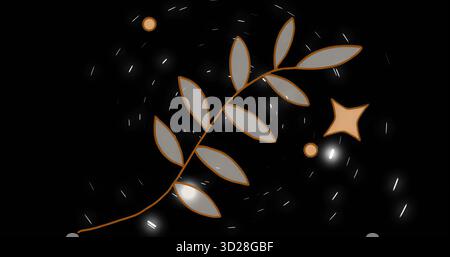 Floating stylized branch with orange-edged leaves in void, orange star and circles, light particles Stock Photo