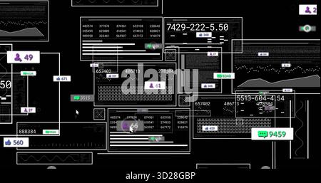 Displaying digital analytics interface on screen, showing dashboard panels, code windows, icons Stock Photo
