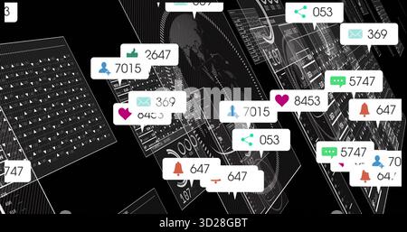 Cluster of floating notifications hovering in wireframe interface with avatar heart icons Stock Photo