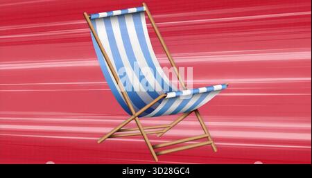 Floating deck chair with wooden frame showcasing blue and white striped fabric in red studio set Stock Photo