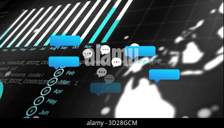 Displaying blue white speech icons floating on screen with bar chart month list code map silhouette Stock Photo