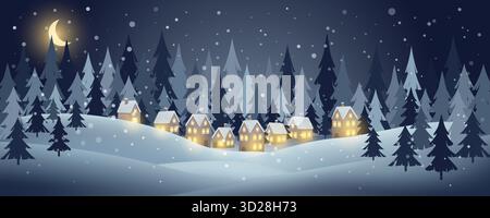 Winter night scene with cozy houses glowing in snowy pine forest under crescent moon and gentle snowfall. Vector illustration. Stock Vector