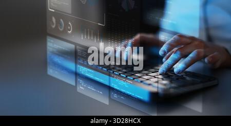 Artificial Intelligence and Data Analytics Dashboard with Neural Network Visualization. Stock Photo