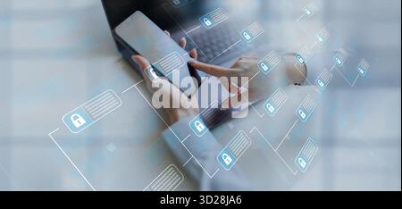 ata Encryption and Cybersecurity Technology Concept Illustrated on VIrtual Screen. Stock Photo