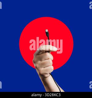 A Caucasian man's hand holds a black USB-C connector cable, the universal standard for data and power, against a minimalist blue and red graphic backg Stock Photo