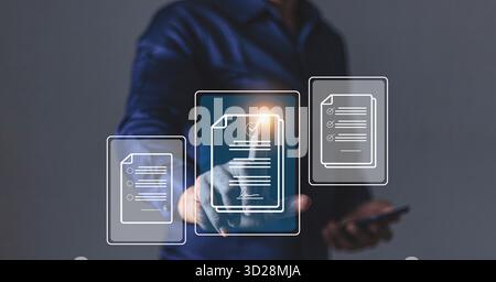 Young man with smartphone mobile hand touching to sign a Online Business Contract, Electronic signature, Contract signing, Digital documents, Future s Stock Photo