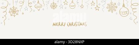 Hand drawn doodle Merry Christmas and Happy New Year party celebration line gold and silver background with Christmas tree bauble, ball, snowflake, ti Stock Vector