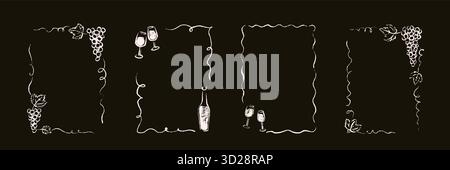 Set of wine, grape, vine whimsical hand drawn sketch frames chalk drawing on the blackboard. Wineglass, bottle crayon, charcoal, paint brush, pastel i Stock Vector
