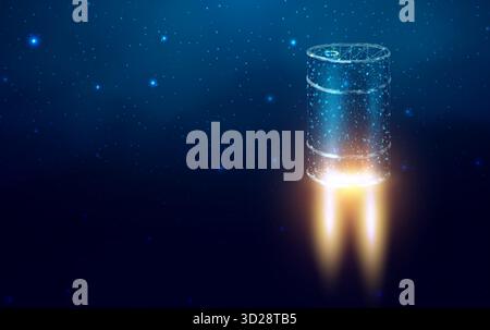 Barrel with oil launch, wireframe polygonal style. The price of oil is falling or growth concept with glowing low poly barrel of petroleum. Futuristic Stock Vector