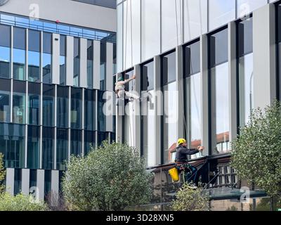 Poznan, Poland - October 10, 2025: Exterior maintenance professionals safely clean high-rise windows on a contemporary glass building, ensuring urban Stock Photo