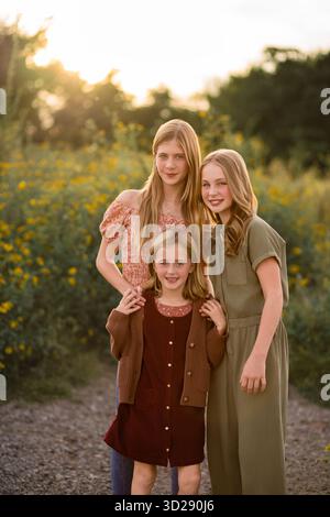 Three friends Pose in a Yellow Wildflower Meadow Stock Photo