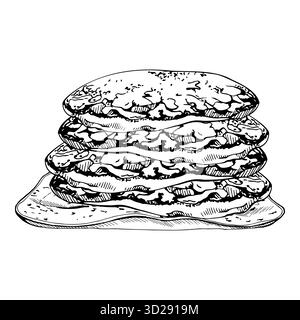 Stacked pancakes on raku clay dish, flapjacks and breakfast crepes. Isolated illustration hand drawn in vector ink. Patisserie labels, culinary Stock Vector