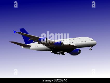 Four-engine passenger plane is taking off into the blue sky. Hand drawn illustration Stock Vector
