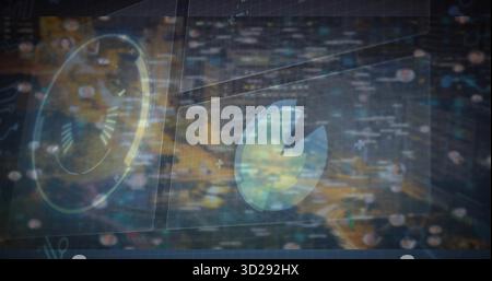 Displaying glowing pie-chart panel over night skyline with panels, gauge widget, data points, lines Stock Photo