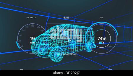 Displaying blue neon wireframe car traveling within tunnel, with speedometer and battery gauge Stock Photo