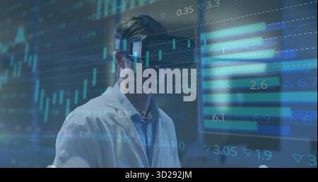 Exploring display by scientist wearing lab coat and vr headset in lab, with floating data charts Stock Photo
