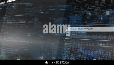 Displaying encryption interface with scrolling script and hex dump over blurred night skyline Stock Photo