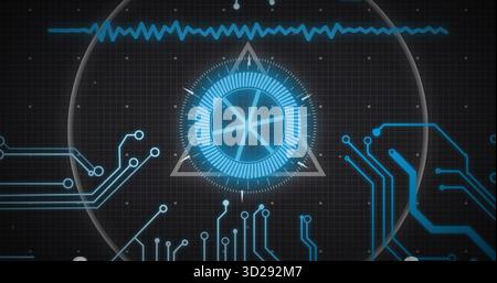 Displaying central HUD element over grid backdrop with triangle frame, waveform and circuit traces Stock Photo