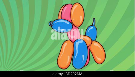 Featuring multicolored balloon dog twisting against vibrant green radial stripe backdrop Stock Photo