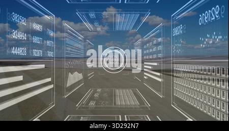 Floating holographic interface panels projecting numerical data over vast barren plain, with graphs Stock Photo