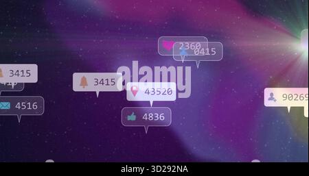 Hovering social media notification icons displaying counts in cosmic scene with green lens flare Stock Photo
