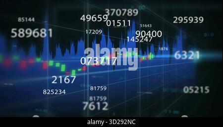 Displaying blue screen featuring glowing candlestick bars and blue line graph, with numeric labels Stock Photo