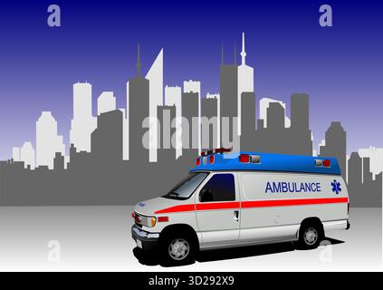 Ambulance responding to an emergency call in a modern urban environment. Hand drawn illustration Stock Vector