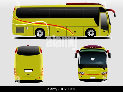 Yellow coach bus isolated on grey background showing front, side and back view. Hand drawn illustration Stock Vector